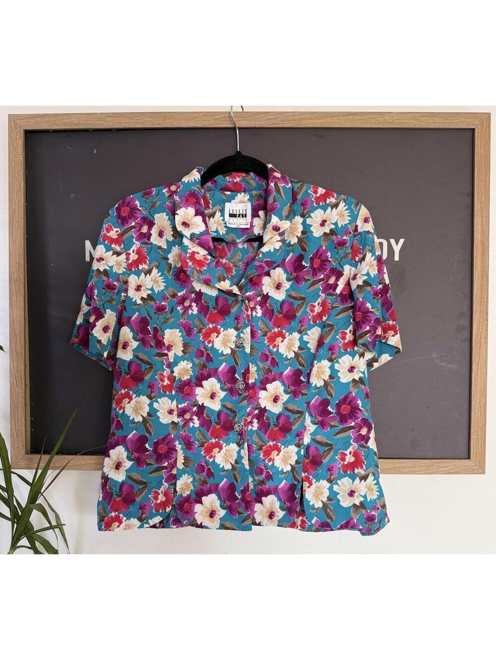 Teal Floral Blouse Button Up Short Sleeve M Vintage Leslie Fay